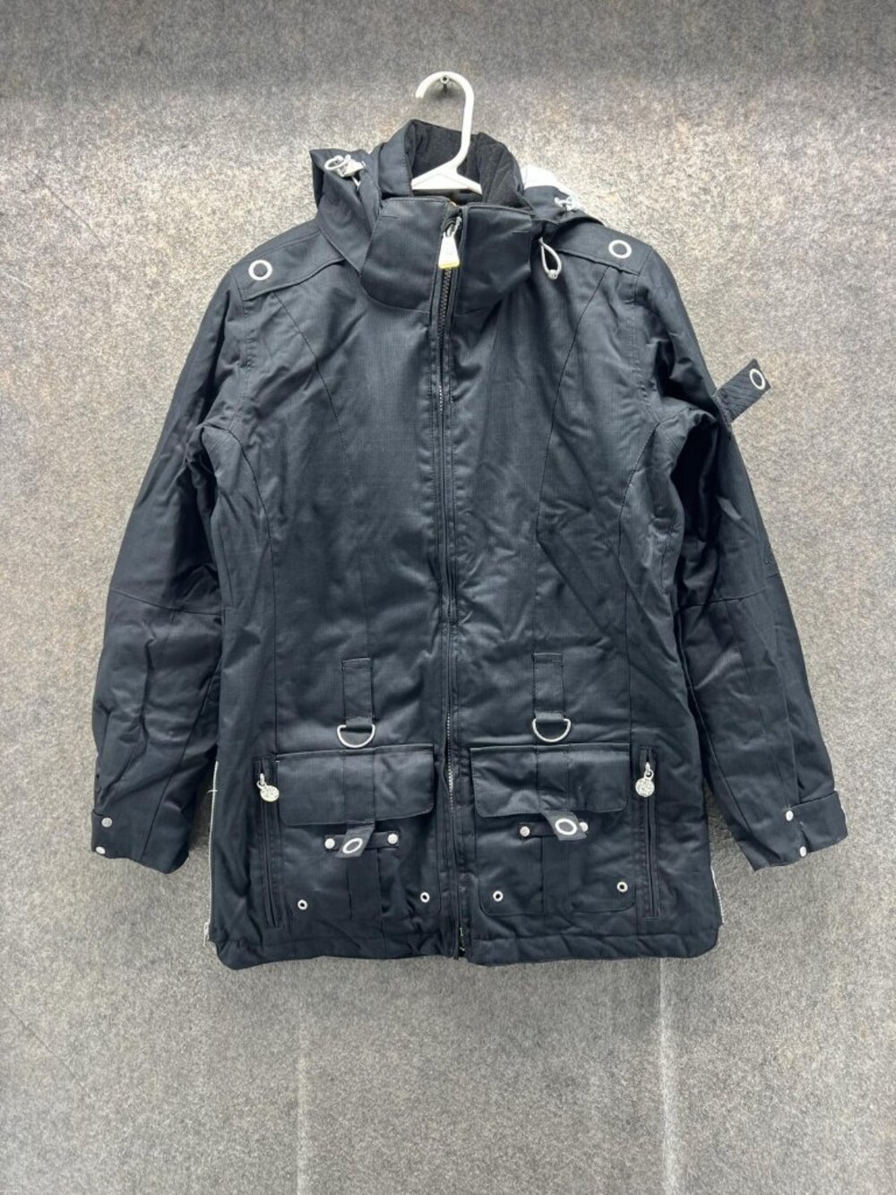 Obermeyer Coat Womens 4 Black Hooded Parka Full Zip Grommet Utility Insulated